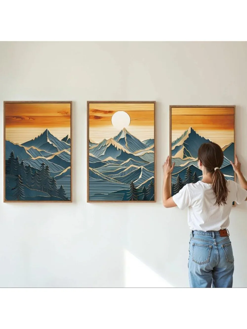 Large Framed Canvas Wall Art Set of 3 - Boho Nature & Sunset Landscape Decor